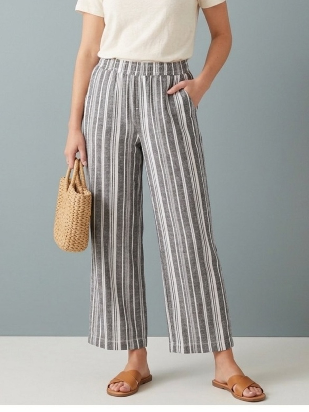 Briggs Linen Blend Striped Wide Leg Pants Medium Grey White Elastic Waist